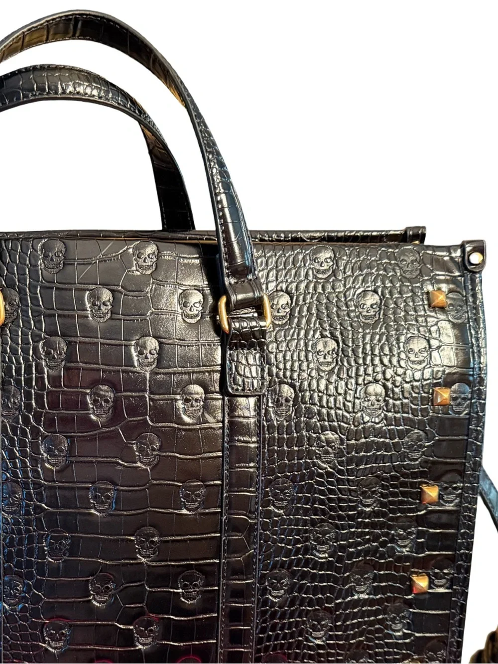 Betsey Johnson NWT Black Croc Skull Embossed Tote Bag & Gold Skull Charm (P234)